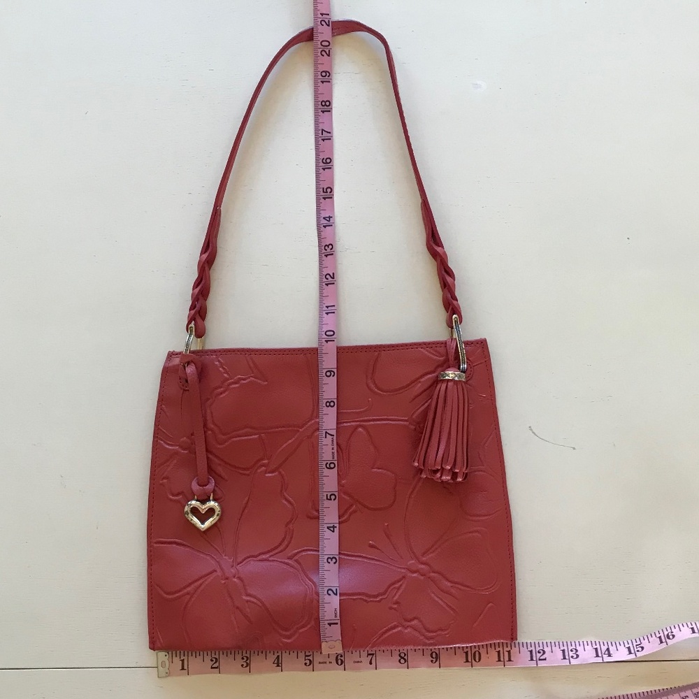 BRIGHTON RED LEATHER EMBOSSED BUTTERFLIES BOHO-CHIC STATEMENT BAG - Picture 9 of 16